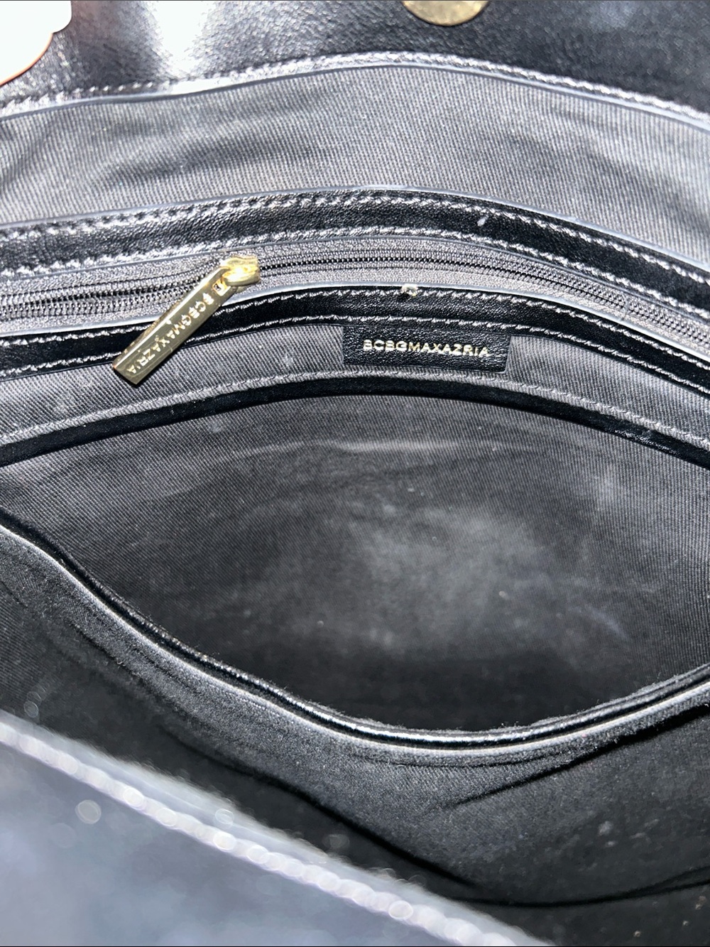 BCBGMaxAzria Black Leather Double-Handle Tote with Gold Accent - Picture 9 of 11